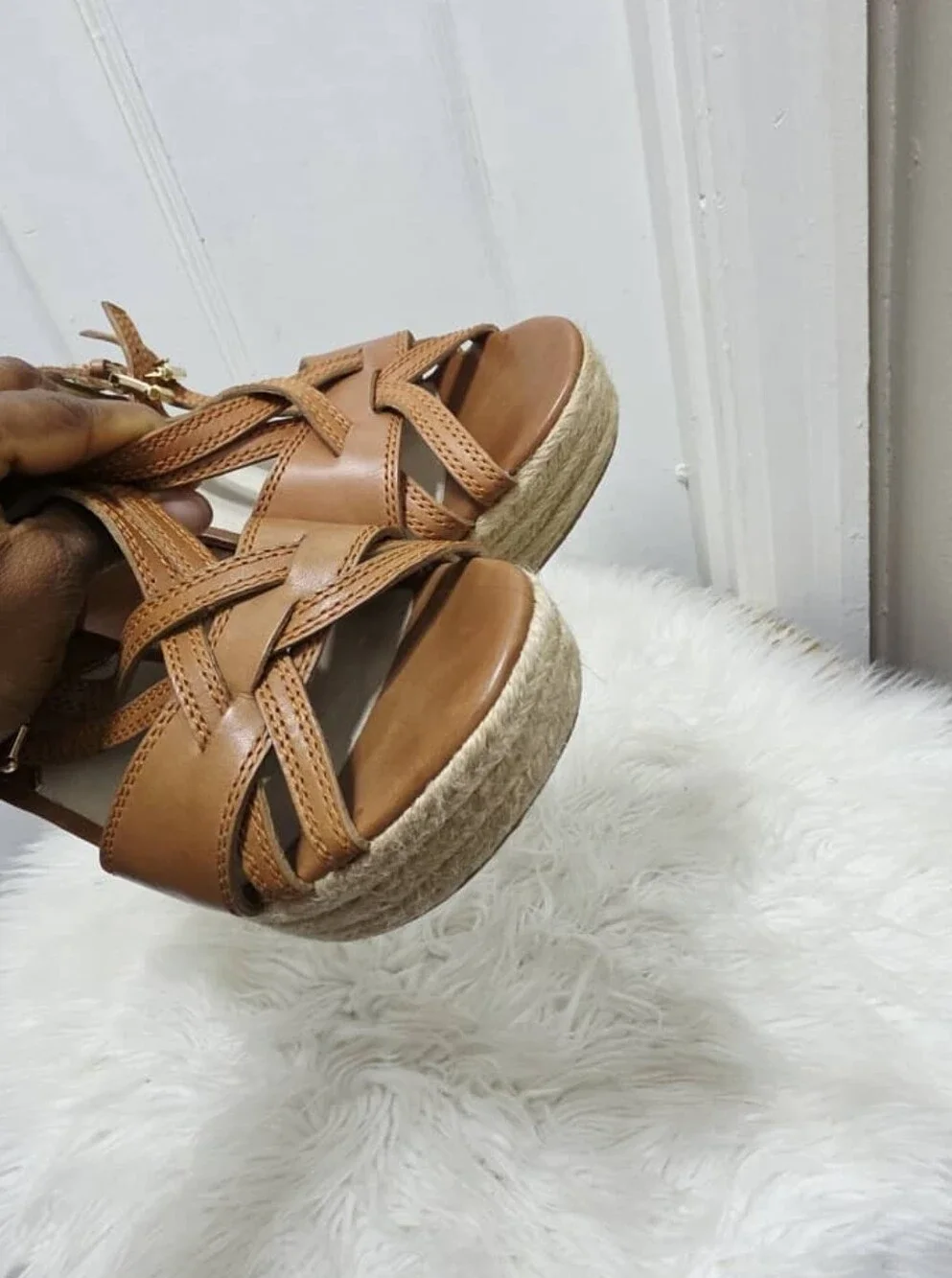 Michael Kors Keli Wedge Leather Espadrille Crossover Heel Sandal Brown Tan 10M